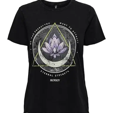 ONLY Damen Top, Schwarz mit Print: Lotus, Größe XL