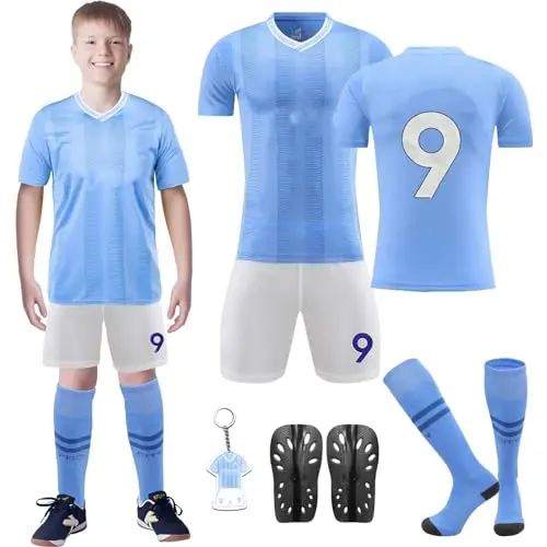 Fußballtrikot Kinder 2023/2024 Set, Trainingsanzug mit Shirt, Shorts und Socken, Nr. 9 Jersey für Jungen und Mädchen