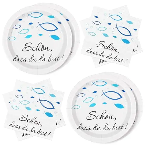 40 Stück Kommunion Deko Servietten & Pappteller Fisch Blau – Tischdeko für Taufe, Kommunion & Konfirmation, Für Jungen mit Spruch