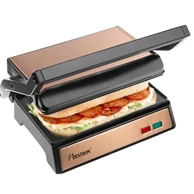 Bestron Kontaktgrill mit Cool-Touch, 180° Öffnung, Antihaft, Kupfer