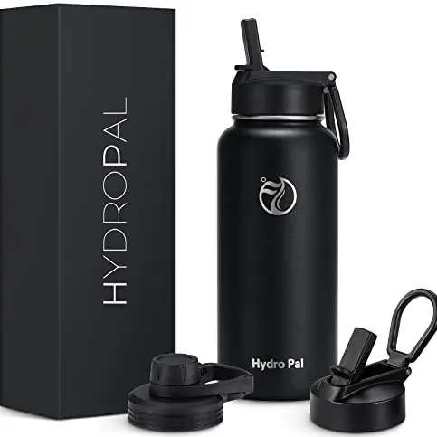 HydroPal Edelstahl Trinkflasche - BPA-frei, isoliert mit Strohhalm & 2 Deckel - 500ml bis 1.9L