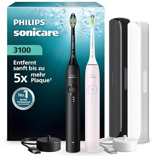 Philips Sonicare Series 3100 Elektrische Zahnbürste, Schallzahnbürste, mit Reiseetui, Schwarz & Rosa, 2er