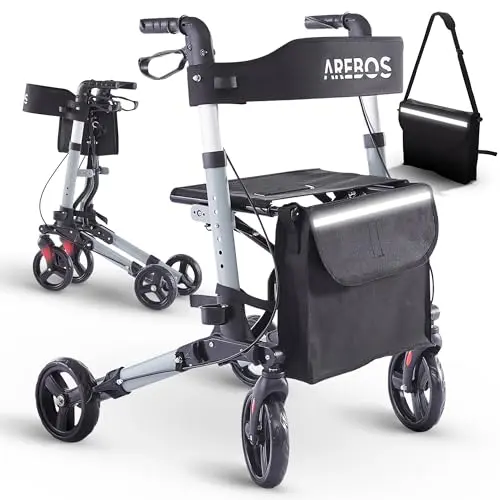 Arebos Leichtgewicht Rollator Aluminium | Faltbarer Reiserollator | Höhenverstellbar | Mit Stockhalter und Einkaufstasche | Schwarz