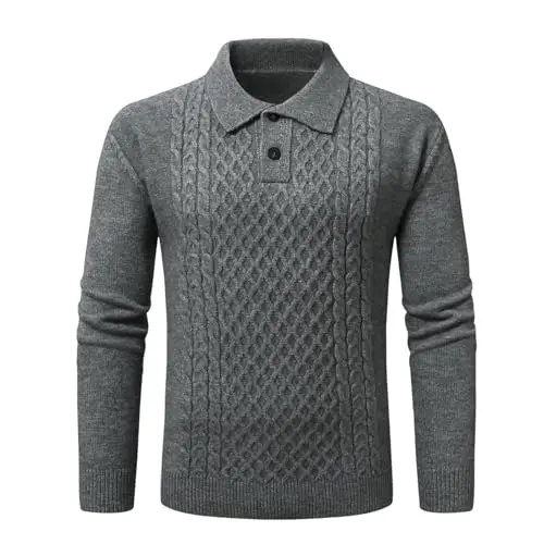 Herren Winterpullover mit Knöpfen und Zopfmuster, grau, breiter Revers-Ausschnitt, bequemes Strickdesign, Gr. L