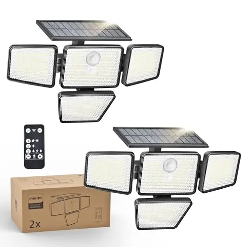 Philips Solar-Außenleuchten mit Bewegungsmelder, 2er Set, 3 Modi, verstellbare Köpfe, IP65, mit Fernbedienung