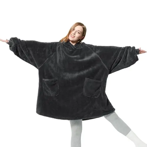 BEDSURE Hoodie Decke mit Ärmeln - Tragbare Kuscheldecke für Erwachsene, Anthrazit, 95x85 cm, ideal als Geschenk für Frauen