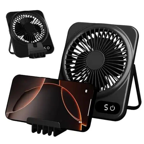 Kleiner tragbarer Akku-Tischventilator mit Telefonhalter, 5 Geschwindigkeiten, 180° Verstellung, LED-Display, ideal für Reisen & Outdoor