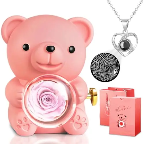 Ewige Rose Teddybär Geschenkbox mit I Love You Halskette – Überraschungsbox für Frauen, Freundin, Mutter zum Jahrestag, Geburtstag, Valentinstag