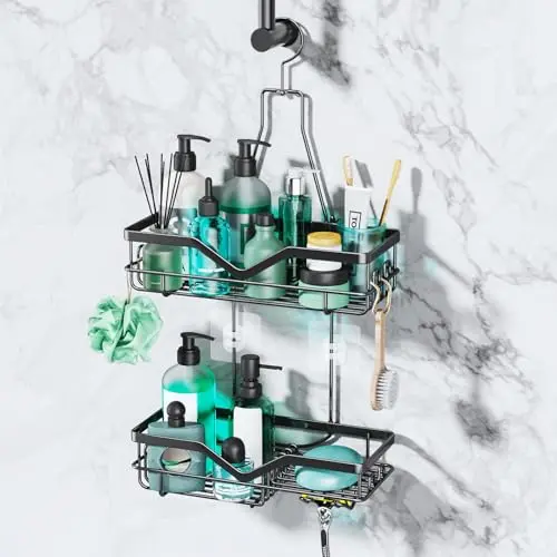 SWTYMIKI Duschregal zum Hängen, Edelstahl, 2-Tier, keine Bohrung, mit Rasierer & Seifenhalter, geeignet für Bälle, Bürsten, Shampoo