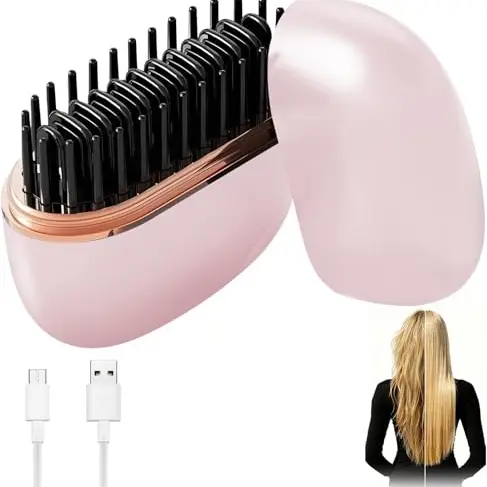 Kabelloses Mini Glätteisen & Glättbürste 2-in-1, 3 Temperaturstufen, Schnelles Aufheizen, Reise geeignet