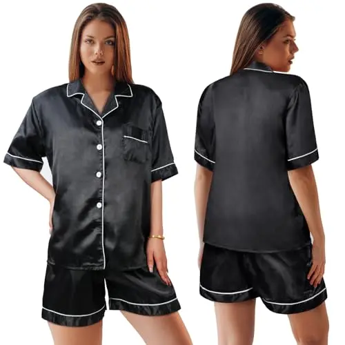 ACWOO Satin Damen Schlafanzug Set, Kurzarm Nachtwäsche, Zweiteilig in Schwarz (L)
