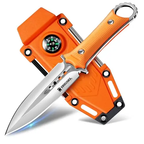 Outdoor Survival Messer aus D2 Stahl, 3-in-1 mit Kompass, Feuerstahl, Kydexscheide, 9,3 cm Klinge, für Camping, Jagen, Wandern, orange