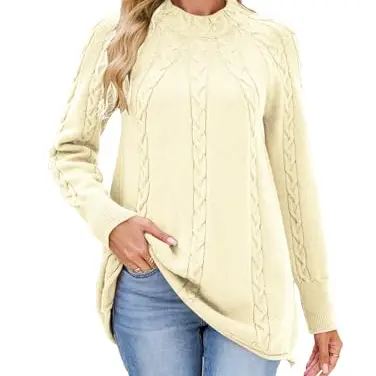 Famulily Chunky Strickpullover für Damen, Langarm Mock Neck Top, Beige (S)
