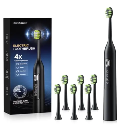OasiSmile Y05 Elektrische Schallzahnbürste mit 4 Reinigungsmodi, 6 Ersatzbürsten, langer Akkulaufzeit, IPX7 wasserdicht, Timer – ideal für Zuhause & unterwegs