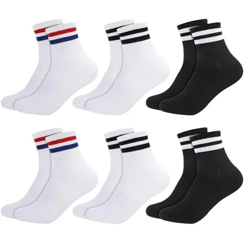Halinuia 6 Paar Baumwolle Sportsocken für Damen und Herren, Weiße Sneaker Socken mit Retro Streifen, Atmungsaktive Crew Socken