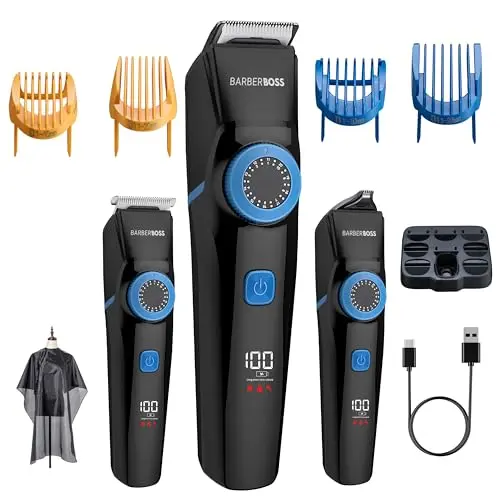 BarberBoss Herren-Haar- und Barttrimmer, kabelloses 3-in-1-Pflegeset mit Präzisionsdrehknopf & LED, ideal für Gesicht & Details