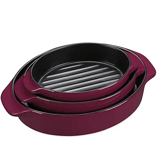 MALACASA Bake.Bake 3-teiliges Steingut Backform Set - Oval, Rot/Schwarz