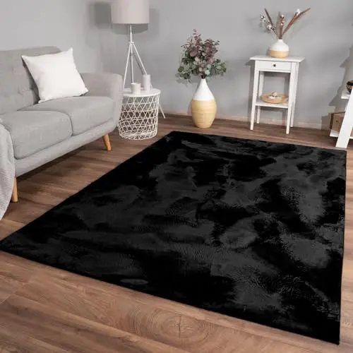 Hochflor Teppich im modernen Design, unifarben, schwarz, 240x340 cm, weich und flauschig