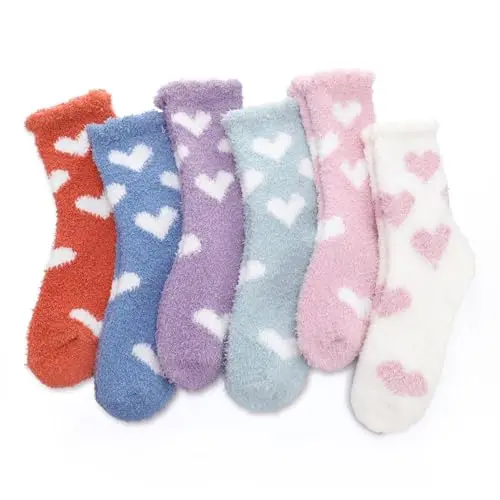 Halinuia 6 Paare Kuschelsocken Damen - Warme Flauschige Bettsocken für Weihnachten (Bunte Herzen)