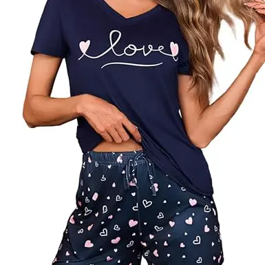 Bresdk Damen Schlafanzug Kurz mit Herzprint - Baumwolle, Kurzarm Oberteil & Pyjamahose