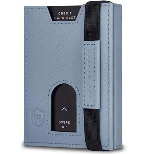 VON HEESEN Leder Slim Wallet - Geldbeutel mit RFID Schutz - Mini Geldbörse für Herren und Damen - Hellblau