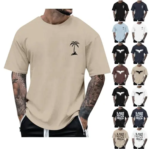 T-Shirt für Herren, Rundhals Kurzarm Oversized Sportshirt (L, Khaki)