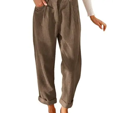 Damen Cordhose Casual High Waist Tapered mit Taschen (Braun, M)