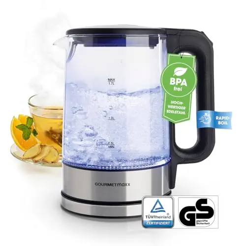 GOURMETmaxx 1,7L Wasserkocher mit Beleuchtung & Kalkfilter | Edelstahl Heißwasserspender [Silber]