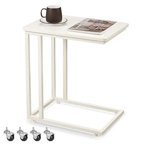 VASAGLE Beistelltisch C-Form mit Rollen, 35 x 50 x 60 cm, moderner Sofatisch in cremeweiß