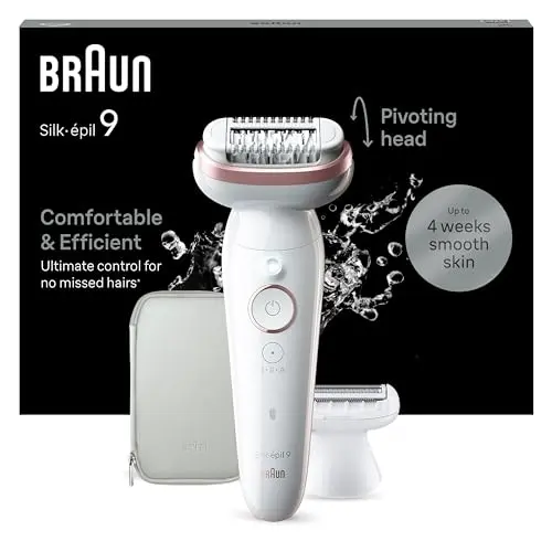 Braun Silk-épil 9 Damen Epilierer, wasserdicht, langanhaltend Glatte Haut, inkl. Rasier- und Trimmeraufsatz, 9-030, Weiß/Rosa