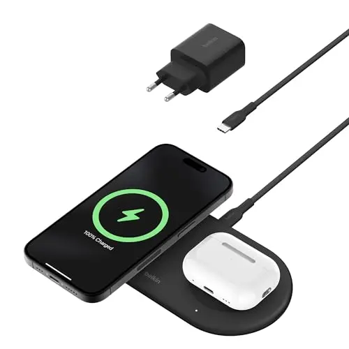 Belkin BoostCharge Pro 2-in-1 kabellose Ladestation – kompatibel mit iPhone 16/15/14/13/12 und AirPods – Schwarz