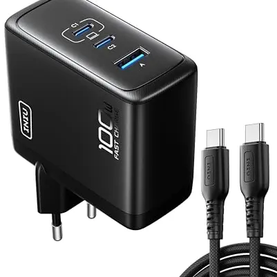 INIU 100W USB-C Schnellladegerät mit 3 Ports und Kabel für MacBook, iPad, iPhone 14/15/16, Galaxy S23/S24, Steam Deck