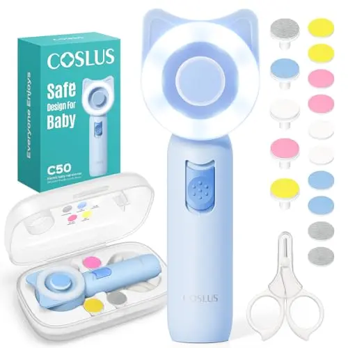 COSLUS C50 Baby Nagelpflegetechnik, elektrisches Nagelset mit 360° LED-Licht, 16-in-1 für Neugeborene, für Zuhause & unterwegs