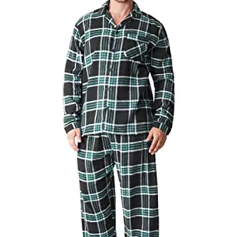 CityComfort Herren Schlafanzug, Pyjama, Kariert, Lang, durchknöpfbar, Schwarz/Grün, Größe M