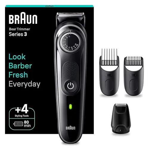 Braun Barttrimmer BT3440 für Herren, wiederaufladbar mit 40 Längeneinstellungen, 80 Min. kabelloser Laufzeit