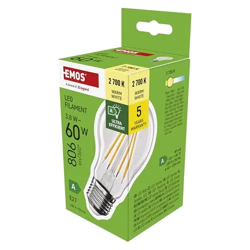 EMOS LED-Glühbirne A60 E27 warmweiß, 806 lm, 3,8W, 50.000 h, Winkel 300°, Energieklasse A