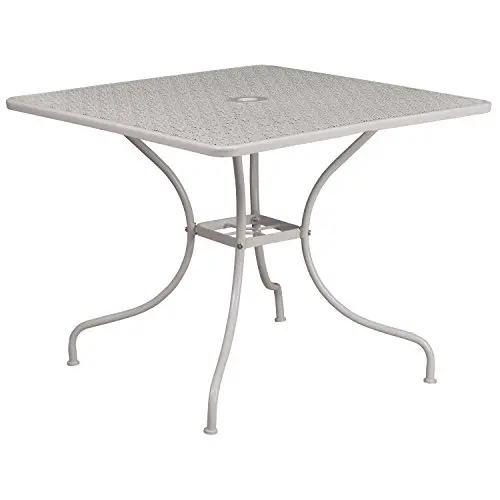 Flash Furniture Oia Terrassentisch aus Stahl, quadratisch, 90 cm, mit Schirmloch, Hellgrau