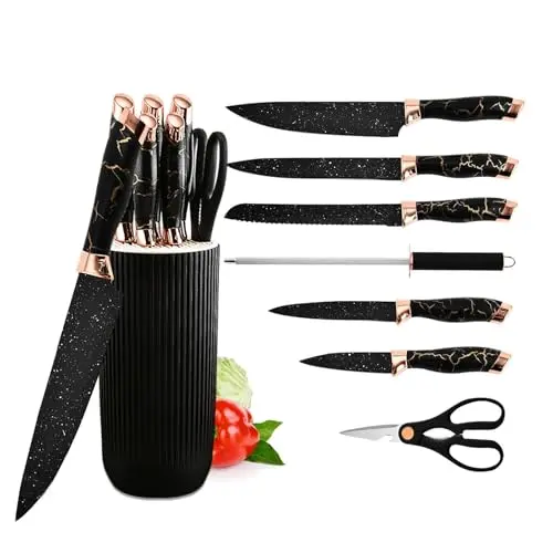 Justup 8-teiliges Küchenmesser Set mit Messerblock und Schärfer, Professionelle Kochmesser für Zuhause und Restaurant (Schwarz)