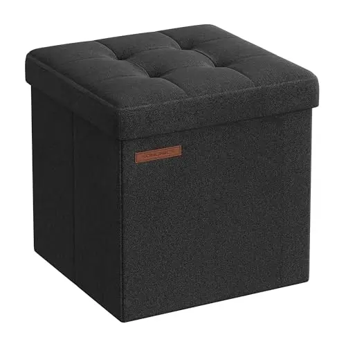 SONGMICS Klappbarer Sitzhocker mit Stauraum, 30 x 30 cm, bis 130 kg belastbar, tintenschwarz
