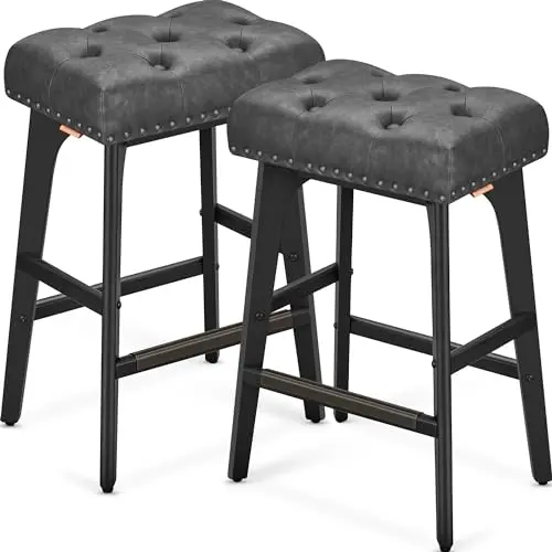 VASAGLE Barhocker 2er Set, Kunstleder, Massivholzbeine, 66 cm hoch, tintenschwarz