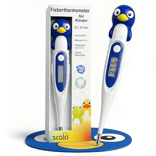 scala SC 44 flex Digitales Fieberthermometer für Babys & Kinder – 10 Sek. Messung, wasserdicht, Pinguin Motiv