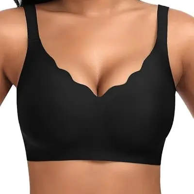 Jiuday Damen BH ohne Bügel, nahtloser Push-Up in Schwarz, bequem und gepolstert, Größe L