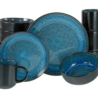 CreaTable Nordic Fjord Blue, 16-teiliges Steinzeug-Geschirrset, spülmaschinen- und mikrowellengeeignet