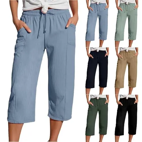 Damen Sommerhose Leinen - Leichte...Herrliche Capri-Muselin-Shirt mit Taschen, Bequem, Sportlich, Freizeit, Strand, Elastisch, Kurz, Sommer