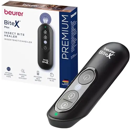 Beurer BiteX Max Deep Black Insektenstichheiler mit größerer Heizfläche, elektronischer Stichheiler mit Licht und Akku
