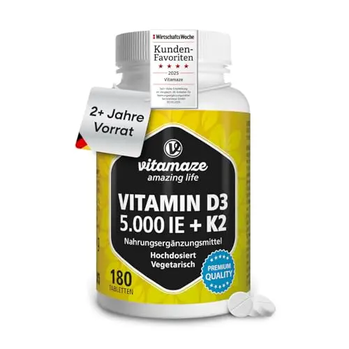 Vitamin D3 K2 5000 IE - 180 Tabletten ohne Zusatzstoffe, 2 Jahre Vorrat, Made in Germany