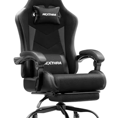 Nexthra Gaming Stuhl mit höhenverstellbaren Armlehnen und Fußstütze, ergonomischer Bürostuhl in Schwarz