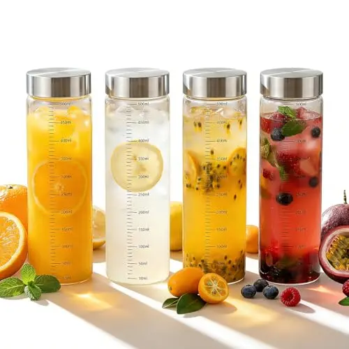 ASOULUND 4er Set Glasflaschen 500ml mit Edelstahldeckel – Wiederverwendbare Wasserflaschen für Smoothies, Säfte, Kaffee und Milch