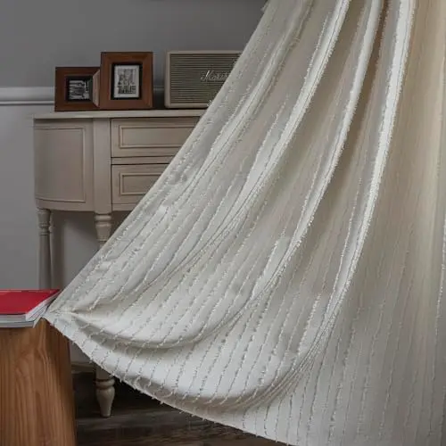Tospass Boho Vorhang Set 2er Beige Weiß, Blickdicht mit Stickerei, Vintage Mikrofaser 140x200 cm