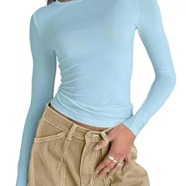 OYIGELZ Damen Langarmshirt Rundhals Basic Shirt Crop Top Casual Himmelblau XL